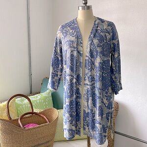 Sigrid Olsen Signature Duster Cardigan Sweater Blue Tropical Print Small